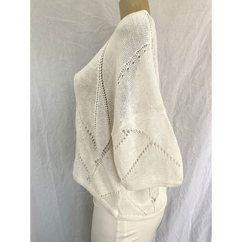 HELMUT LANG Fractured Lace Short Drop Sleeve Linen Sweater Top Blouse White M - Picture 6 of 10